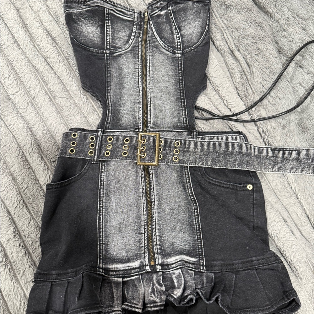 Black and Gray Denim Corset Dress with Belt